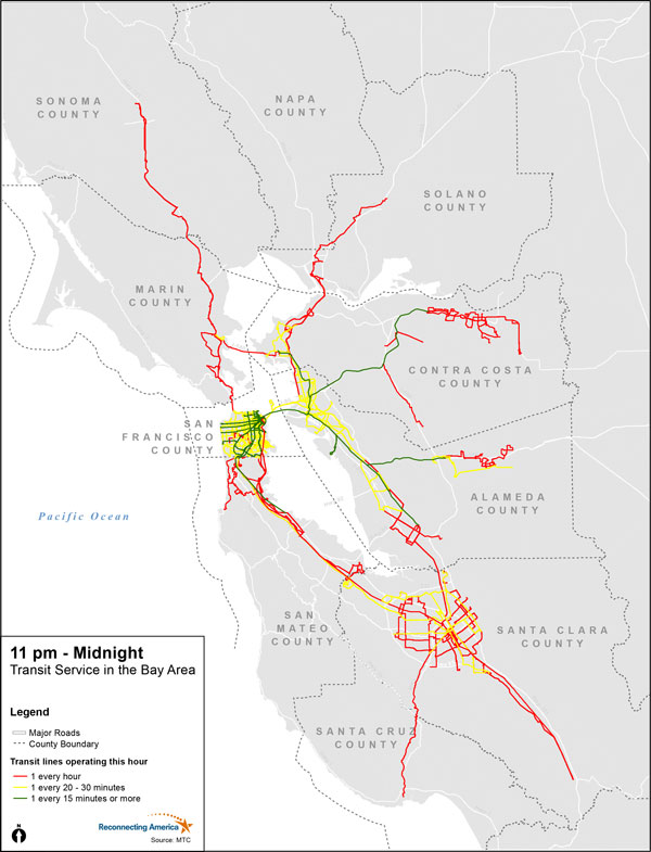 Evening Transit Frequencies Compared: 11 p.m. to 12 a.m.