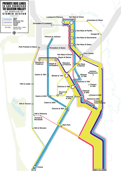 A conceptual map showing the different private buses operated by IT companies to connect their workers to homes in San Francisco.